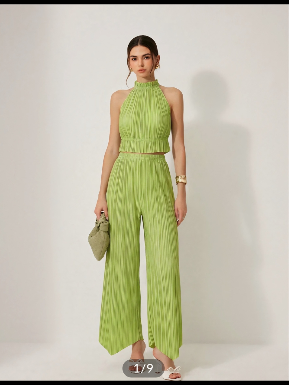 Commense Pleated Halter Crop Top & Pants Set